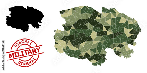 Low-Poly mosaic map of Qinghai Province, and grunge military rubber seal. Low-poly map of Qinghai Province is constructed of chaotic camo filled triangles.