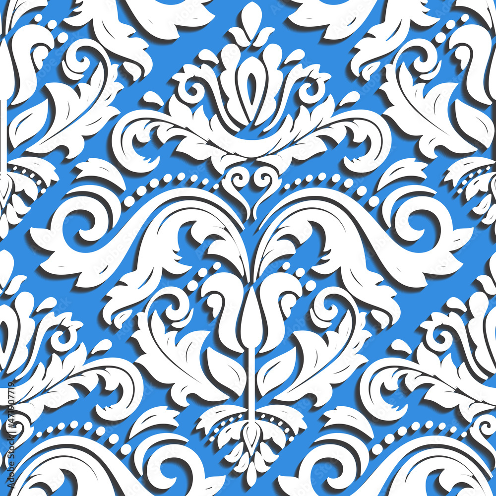 Seamless oriental ornament. Fine vector traditional light blue and white oriental pattern with 3D elements, shadows and highlights