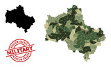 Low-Poly mosaic map of Moscow Region, and unclean military watermark. Low-poly map of Moscow Region constructed from scattered camo color triangles.