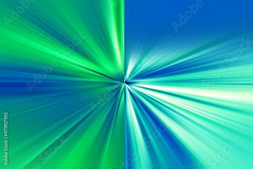 Abstract radial zoom blur surface in neon green, blue and turquoise tones. Abstract green  and   blue background with radial, diverging, converging lines. The background is divided into two parts.