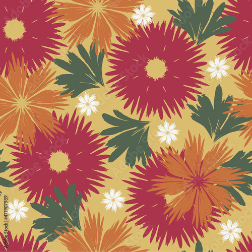 Hand-drawn seamless pattern with floral print. Abstract multi-colored daisies on olive background. Vector pattern for printing on fabric, gift wrapping, covers, wallpapers.