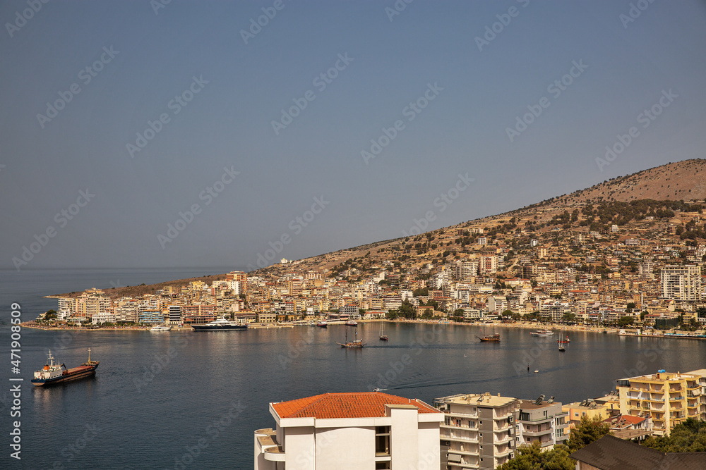 Seascape with cityscape of Saranda. Albania
