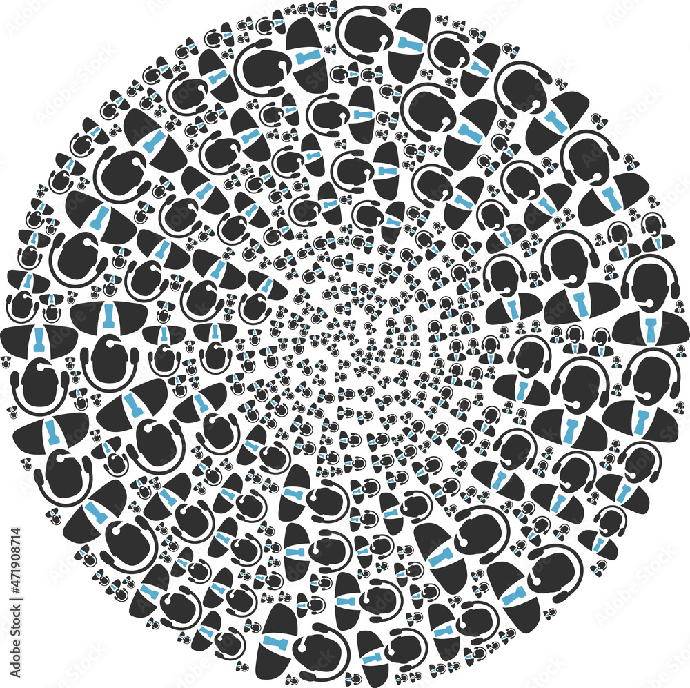 Call center operator icon cycle round mosaic. Call center operator icons are combined into spheric cycle design concept.