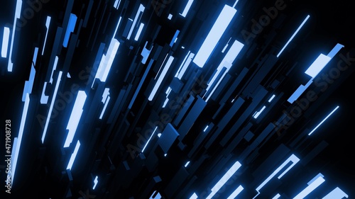 3d render. Abstract dark blue background with neon light like cyberpunk night city. Network of different sizes blocks as light bulbs.