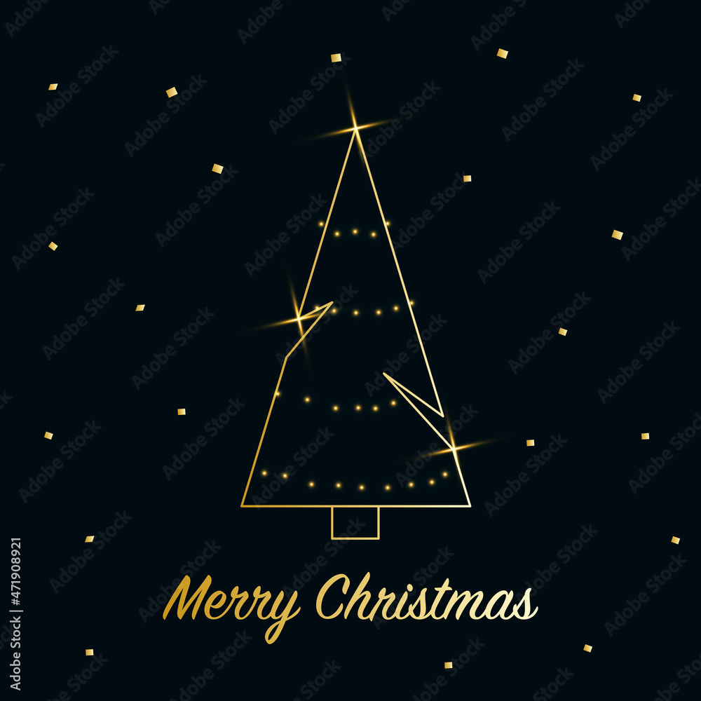 Naklejka premium Sparkling Christmas Tree with shiny dust. Golden metallic outline icon on a dark blue background. Merry Christmas and Happy New Year 2022. Golden Metallic. Vector illustration.