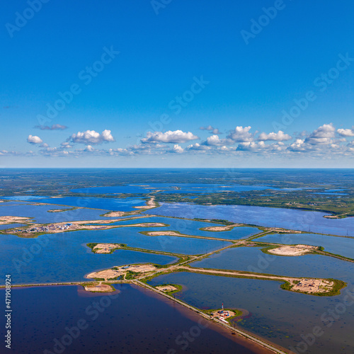 Aerial view of oilfield on the Samotlor lake