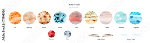 The planets of the solar system, vector graphics, isolated on a white background, also the moon satellite and the rings of Saturn and Uranus. Watercolor texture. For decoration, training and other.