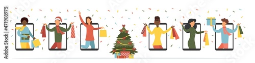 Christmas discounts online. People shop online. Vector illustration.