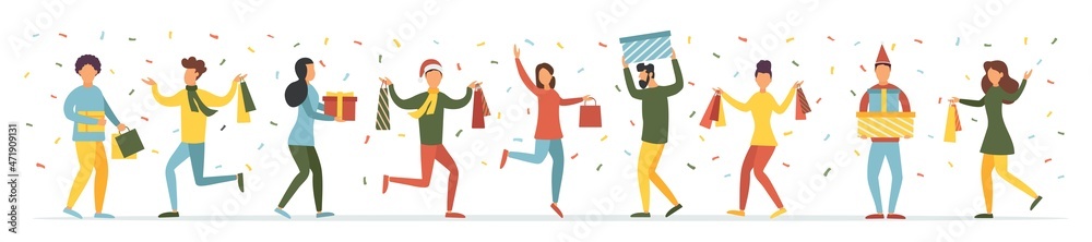 Christmas discounts. People are shopping. Vector illustration. Christmas discounts. People are shopping. Vector illustration.