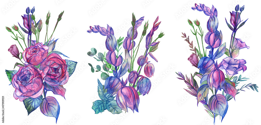 A set of watercolor bouquets with flowers of hydrangea and roses, as well as eustoma and Campanula in pink and purple shades painted in watercolor isolated on a white background in vintage style for A set of watercolor bouquets with flowers of hydrangea and roses, as well as eustoma and Campanula in pink and purple shades painted in watercolor isolated on a white background in vintage style for