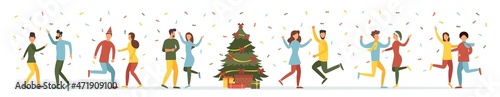 Celebrating Christmas. Christmas tree with decorations and gifts. Friends are having fun. People wish a happy new year. Vector