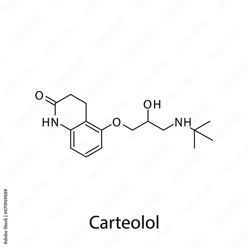 Carteolol molecular structure, flat skeletal chemical formula. Beta blocker drug used to treat Glaucoma. Vector illustration.