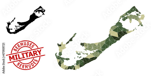 Low-Poly mosaic map of Bermuda Islands, and textured military stamp print. Low-poly map of Bermuda Islands constructed with random khaki filled triangles.