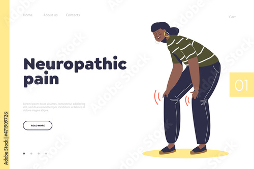 Neuropathic pain concept of landing page with young woman suffer from ache in knees