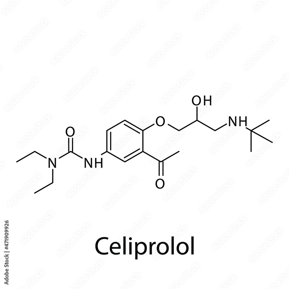 Celiprolol molecular structure, flat skeletal chemical formula. Beta blocker drug used to treat Hypertension, Angina. Vector illustration.