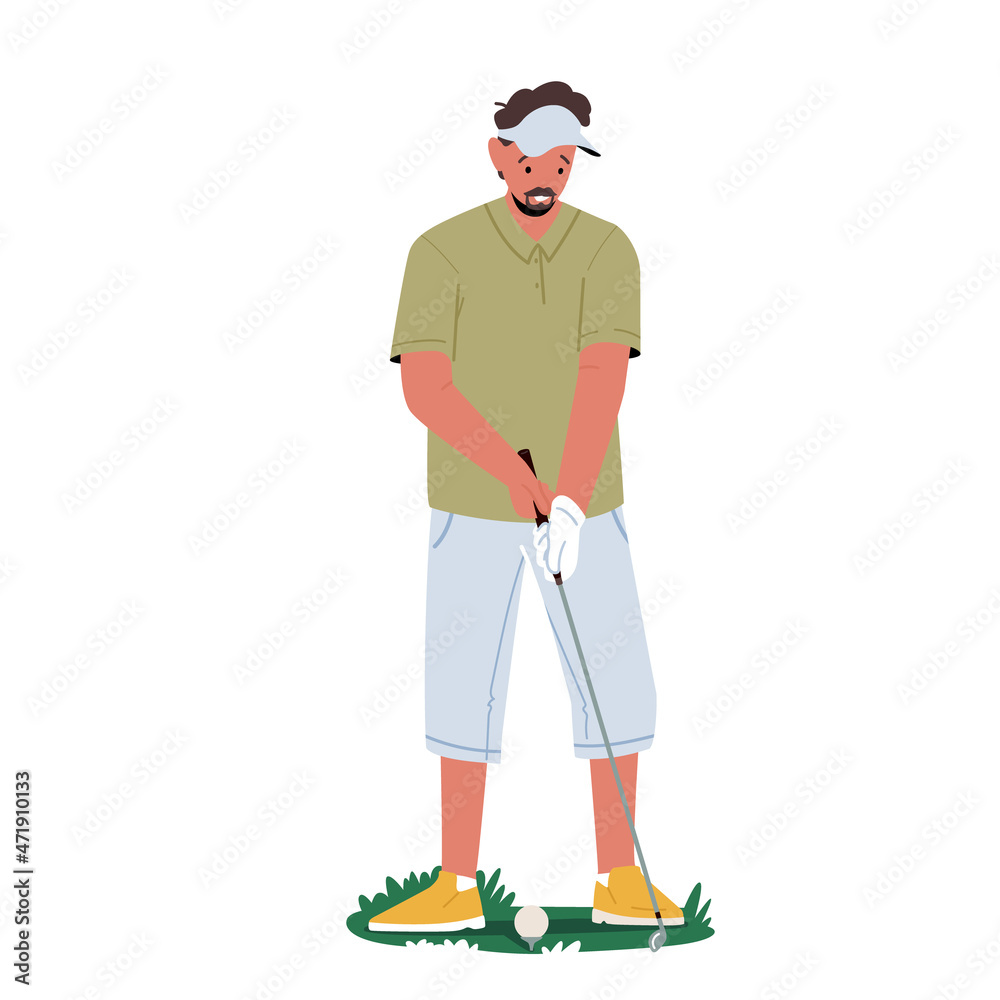 Young Male Character Playing Golf Isolated on White Background. Golfer Hit Ball with Golf Club, Concentrated Sportsman Young Male Character Playing Golf Isolated on White Background. Golfer Hit Ball with Golf Club, Concentrated Sportsman