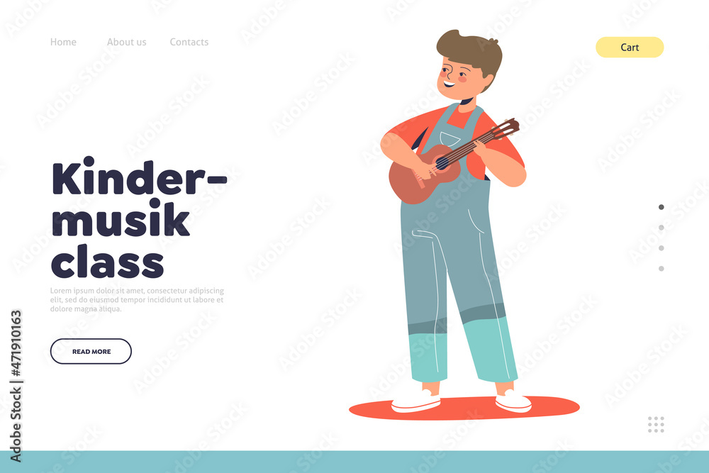 Music class for kids concept of landing page with little boy playing ukulele guitar