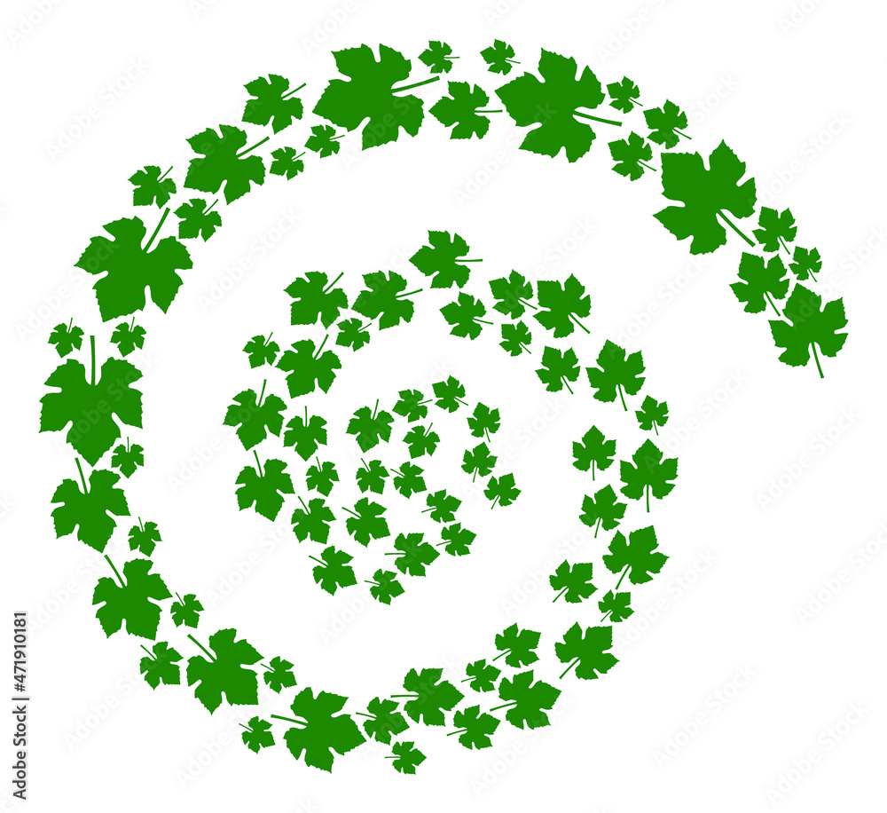 Grape leaf icon spiral curl mosaic. Grape leaf symbols are shaped into cycle mosaic structure. Abstract curl is designed from randomized grape leaf symbols. Grape leaf icon spiral curl mosaic. Grape leaf symbols are shaped into cycle mosaic structure. Abstract curl is designed from randomized grape leaf symbols.