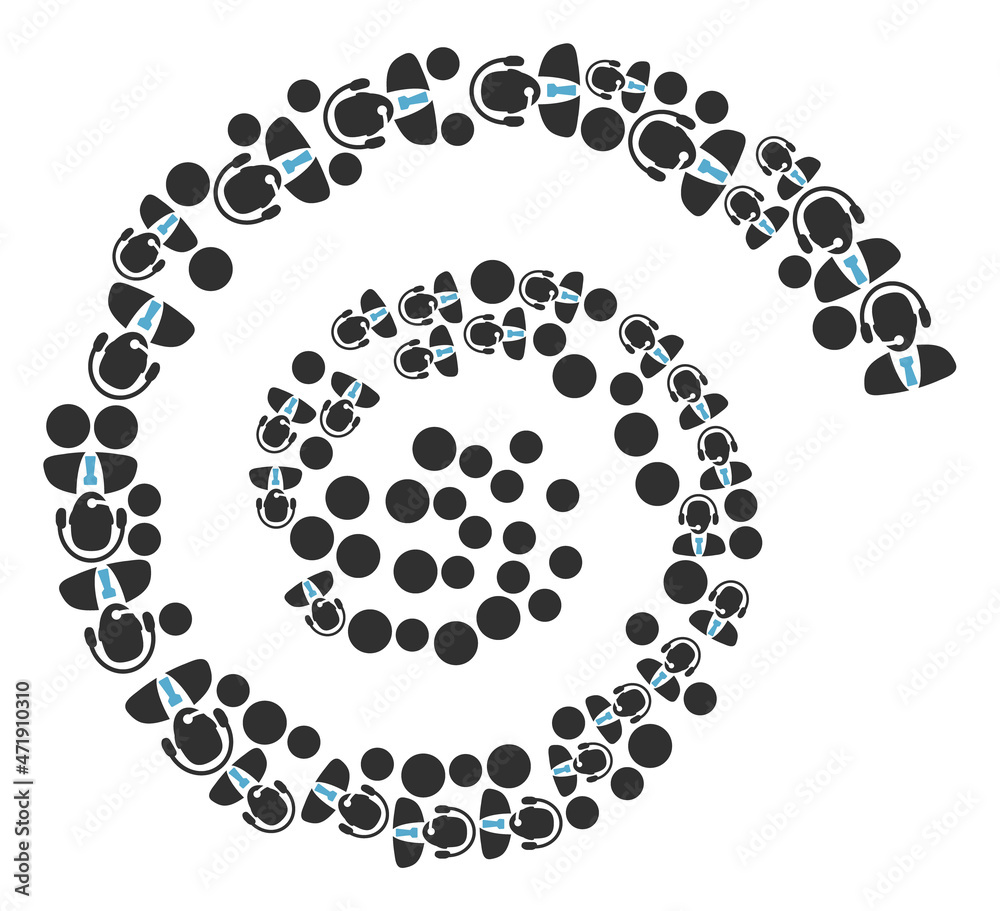Call center operator icon spiral curl mosaic. Call center operator icons are grouped into curl design concept. Abstract curl is done from randomly placed call center operator items.