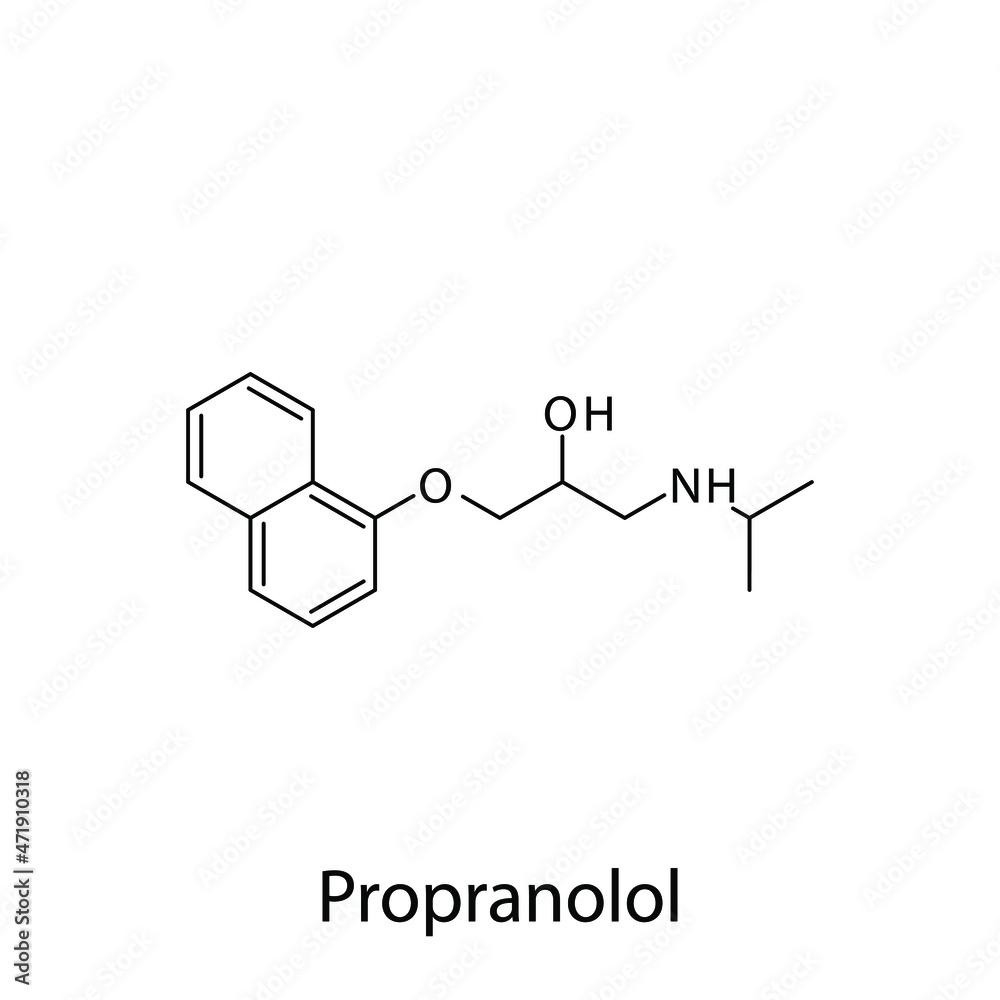 Propranolol molecular structure, flat skeletal chemical formula. Beta blocker drug used to treat Hypertension, Heart failure, Angina, Migraine. Vector illustration. Propranolol molecular structure, flat skeletal chemical formula. Beta blocker drug used to treat Hypertension, Heart failure, Angina, Migraine. Vector illustration.