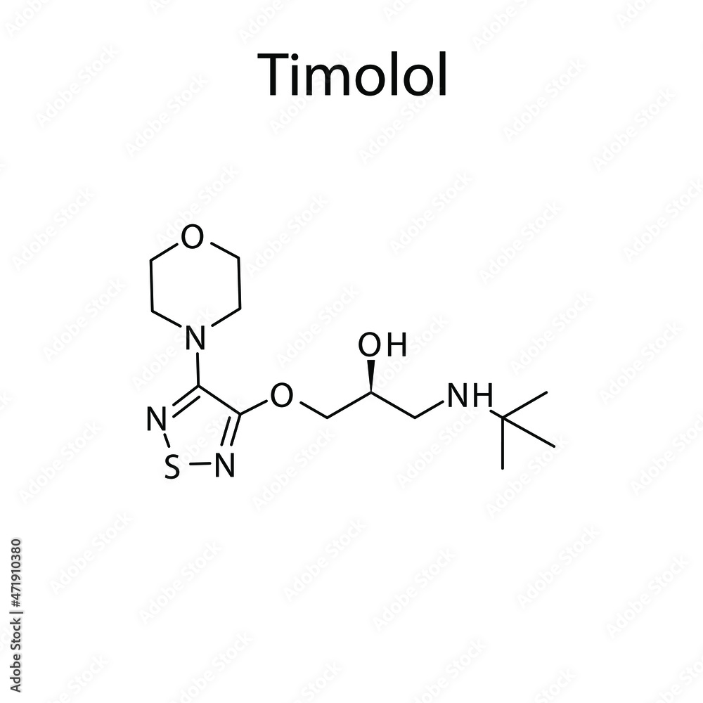 Timolol molecular structure, flat skeletal chemical formula. Beta blocker drug used to treat Glaucoma, Hypertension. Vector illustration.