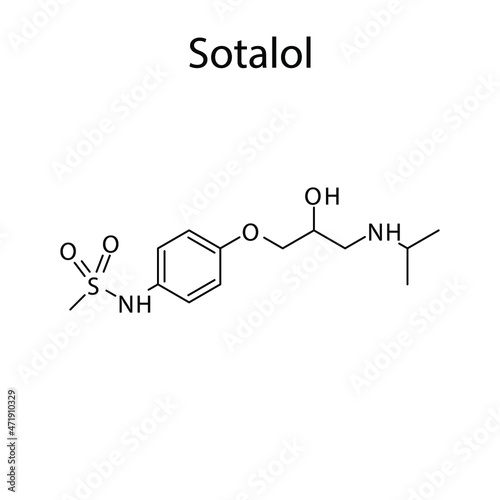 Sotalol molecular structure, flat skeletal chemical formula. Beta blocker drug used to treat Atrial Fibrillation. Vector illustration.