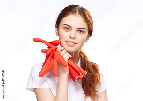 pretty woman rubber gloves house cleaning light background