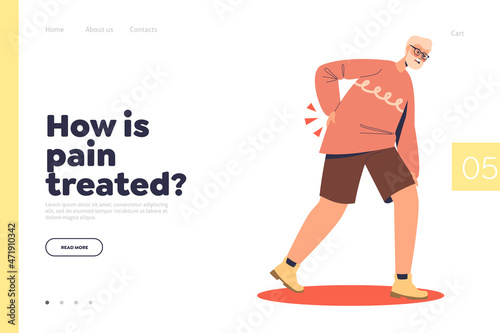 Pain treatment concept of landing page with old man suffer from backpain touching painful low back