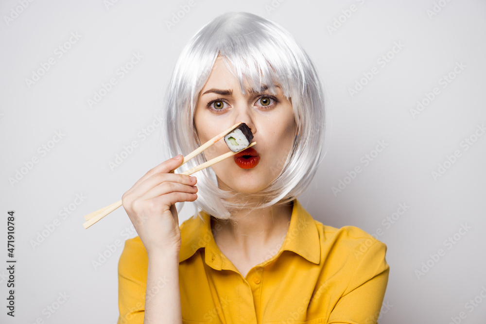 Glamorous Woman in White Wig Sushi Chopsticks Glamorous Woman in White Wig Sushi Chopsticks