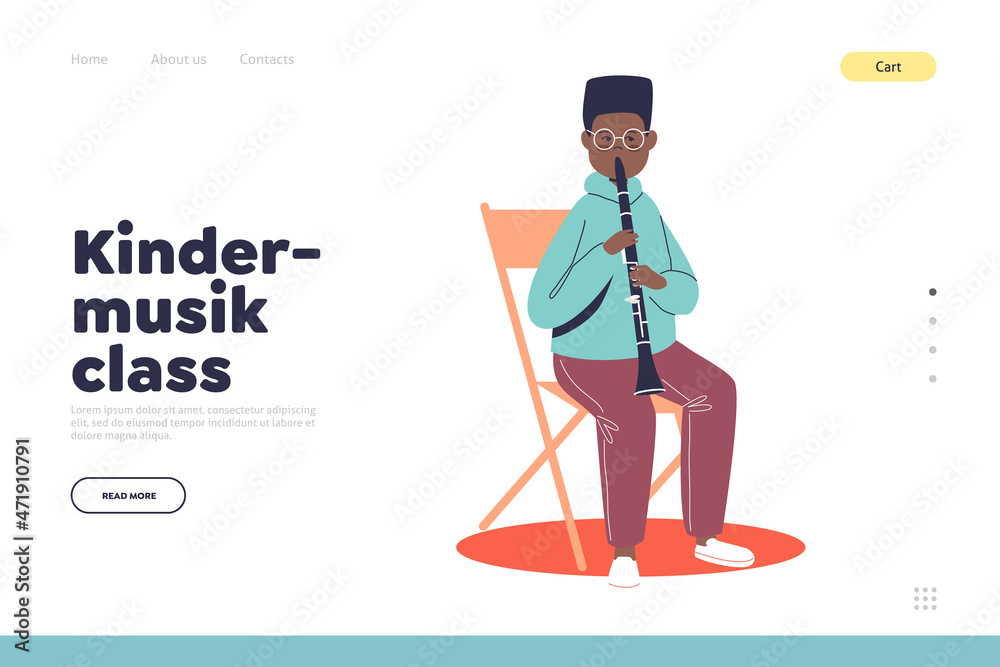 Kinder music class concept of landing page with cute boy playing flute