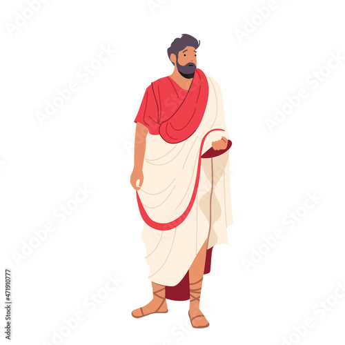 Roman Man in Traditional Clothes, Ancient Rome Citizen Male Character in Red White Toga and Sandals Historical Costume