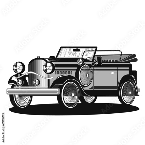 Old car model without roof classic retro style in vector monochrome on white background