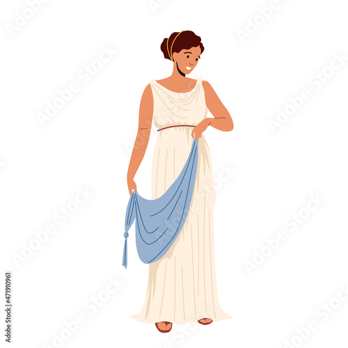 Roman Woman in Traditional Clothes, Ancient Rome Citizen Female Character in Tunic and Sandals Historical Costume