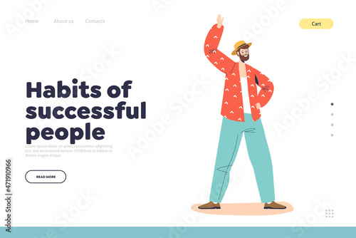 Habits of successful people concept of landing page with happy cheerful man with raised arm