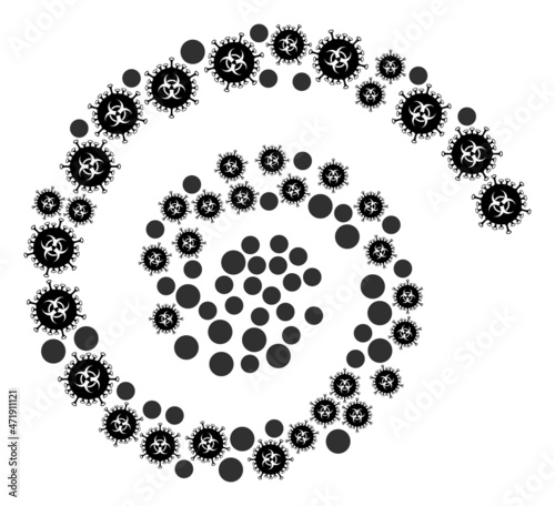 Biohazard virus icon spiral collage. Biohazard virus signs are composed into curl mosaic structure. Abstract curl is created from scatter biohazard virus symbols.