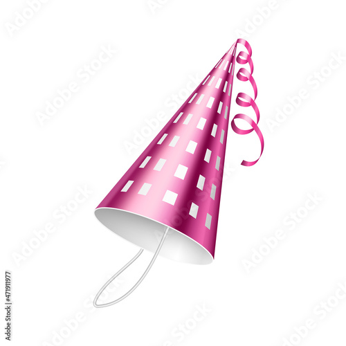 Isolated party hat or decorated pink cone with ribbon. 3d realistic conical costume accessory