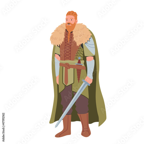 Viking Male Character with Tressed Ginger Beard Wearing Skin, Boots and Cape, Hold Armor Sword Isolated on White