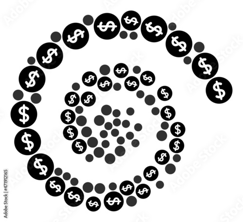 Dollar price icon spiral mosaic. Dollar price signs are organized into spiral vector illustration. Abstraction twirl is organized from scattered dollar price icons. photo