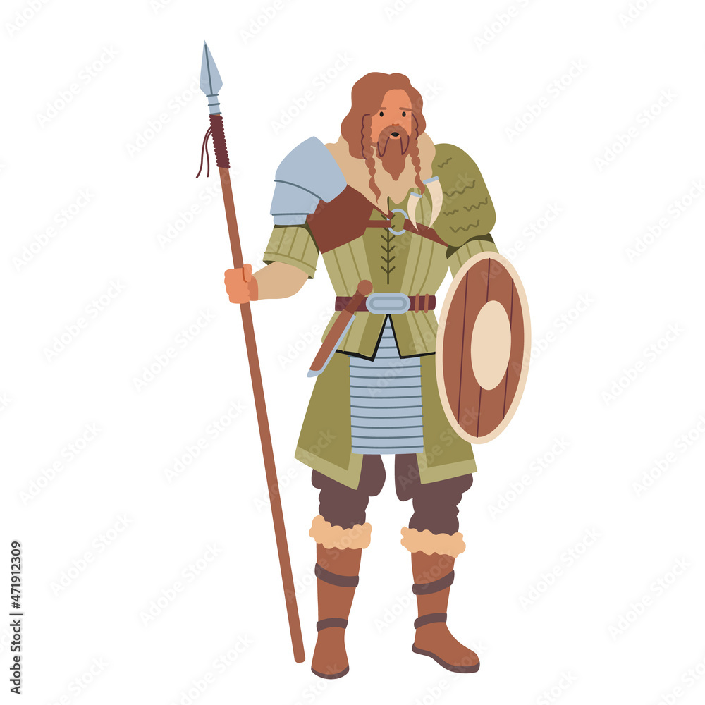 Viking Character Wearing Scandinavian Dressing Holding Shield and Spear ...