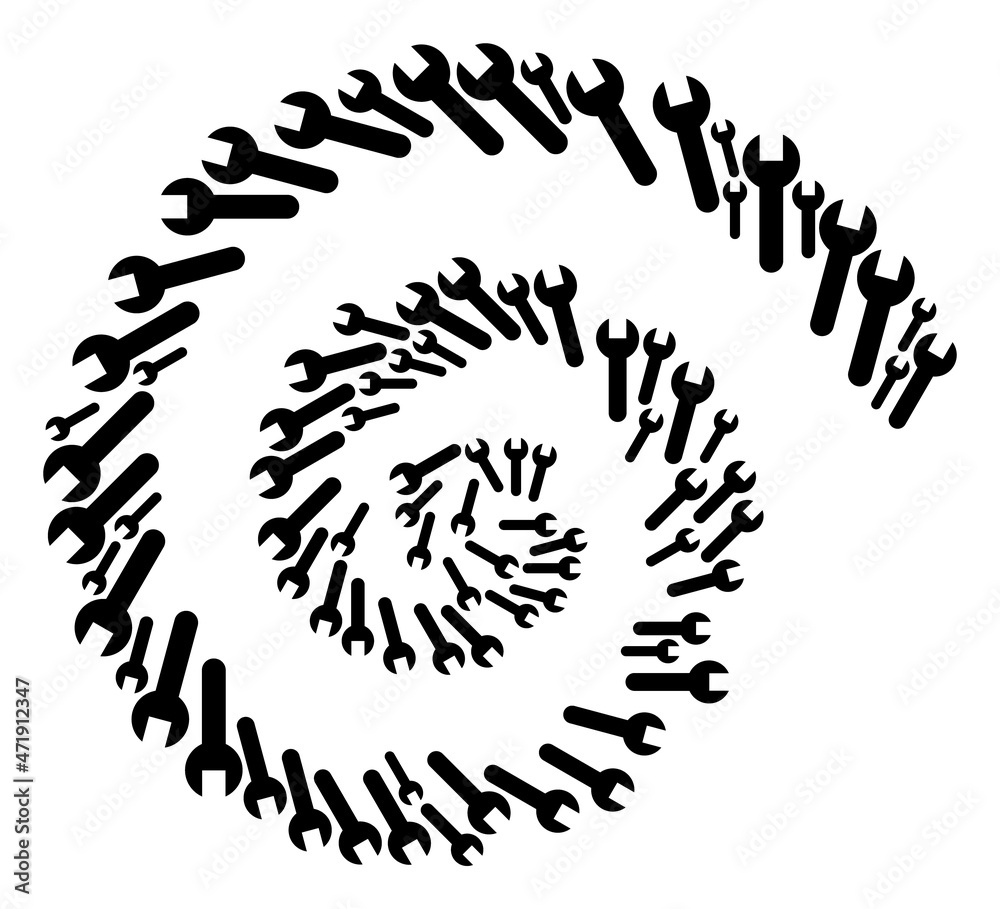 Wrench icon spiral spin collage. Wrench items are combined into curl mosaic structure. Abstraction curl done from random wrench items.