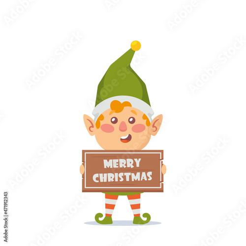 Xmas Elf Character Holding Merry Christmas Banner in Hands Isolated on White Background. Santa Helper, Adorable Gnome