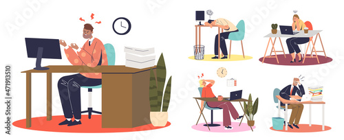 Set of workers suffer from stress at work. Overwhelmed frustrated people with professional burnout