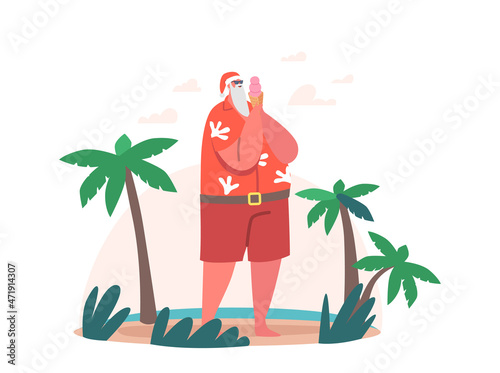 Santa Claus in Sunglasses and Hipster Wear Enjoying Ice Cream at Beach with Tropical Palm Trees. Christmas Relax