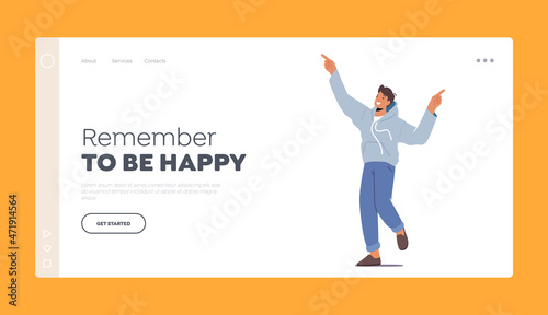 Teenager Good Mood Laughing Landing Page Template. Happy Boy Jump with Raised Arms, Character Feeling Positive Emotions
