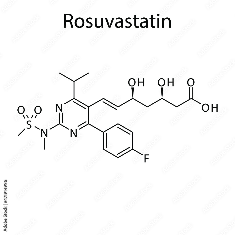 Rosuvastatin molecular structure, flat skeletal chemical formula. Statin drug used to treat Blood cholesterol, Hyerplipidemia, High LDL. Vector illustration.