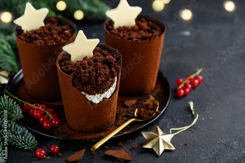 Christmas dessert  chocolate plant pots filled with cocoa biscuit crumbs and cream cheese, decorated with white chocolate stars. Festive creative dish. Selective focus