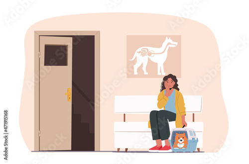 Anxious Woman with Sick Pet Come to Veterinary Clinic for Treatment. Sad Character with Cat in Box Waiting Appointment