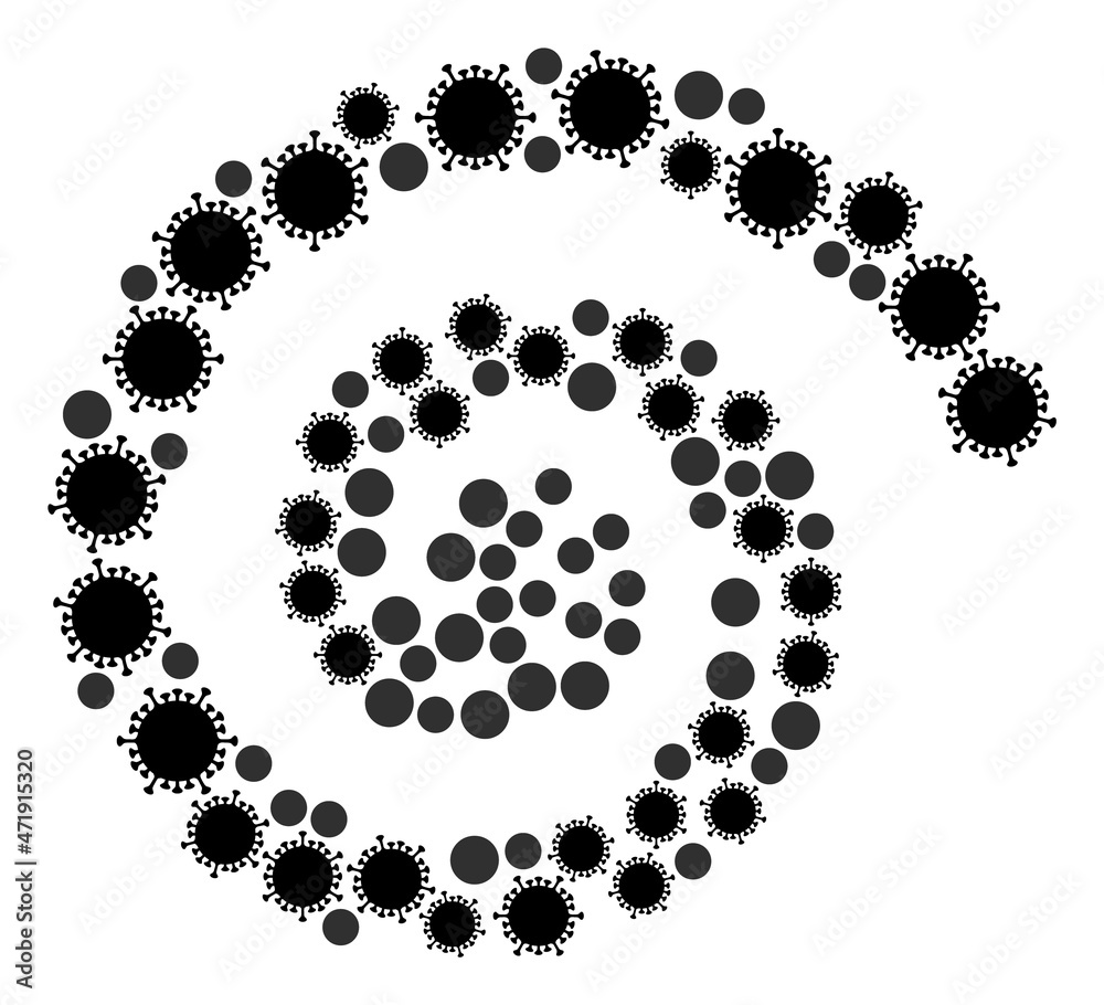 Covid icon spiral rotation mosaic. Covid symbols are grouped into spiral mosaic structure. Abstract twist is done from scatter covid symbols. Covid icon spiral rotation mosaic. Covid symbols are grouped into spiral mosaic structure. Abstract twist is done from scatter covid symbols.