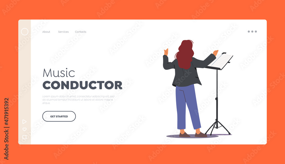 Music Conductor Landing Page Template. Character Perform on Stage Directing with Notebook and Symphony Orchestra