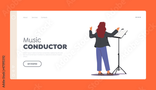 Music Conductor Landing Page Template. Character Perform on Stage Directing with Notebook and Symphony Orchestra